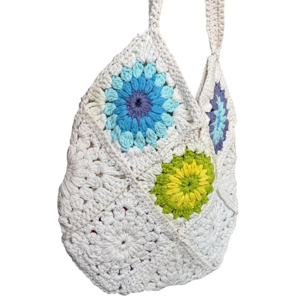 Handmade Granny Square Hobo Shoulder Tote Bag White with Colorful Floral Patten